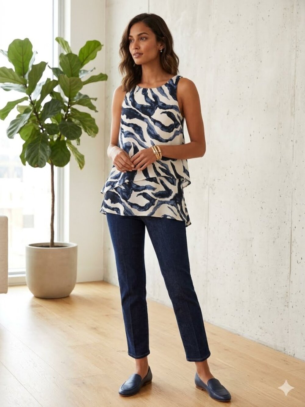 Women's Cooper & Ella Beaubaxton Tiered Blouse Blue White Zebra Print Size Small